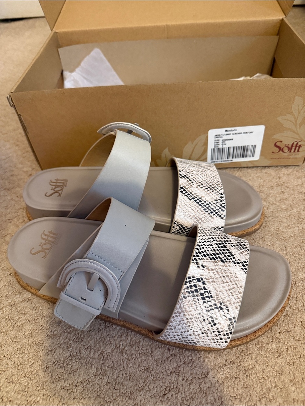 Sofft Two-Strap Snake Print and Light Gray Slide Sandals